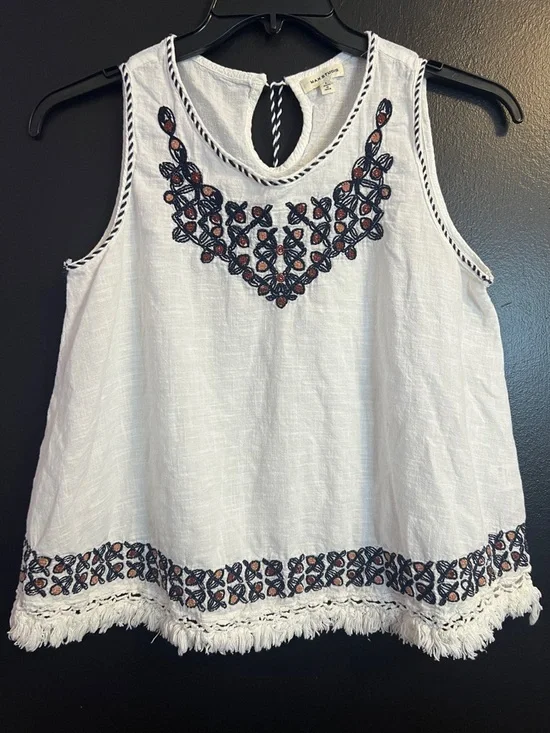 Max Studio 100% Cotton Boho Embroidered White Sleeveless Linen-Blend Tank Top - Picture 1 of 3